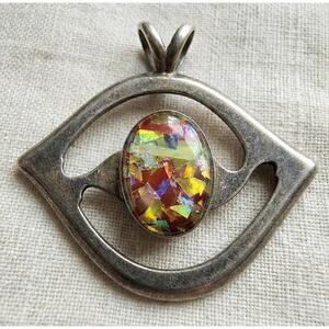 Vintage Taxco TB-182 Sterling Silver Faux Fire Opal Mosaic Eye Pendant